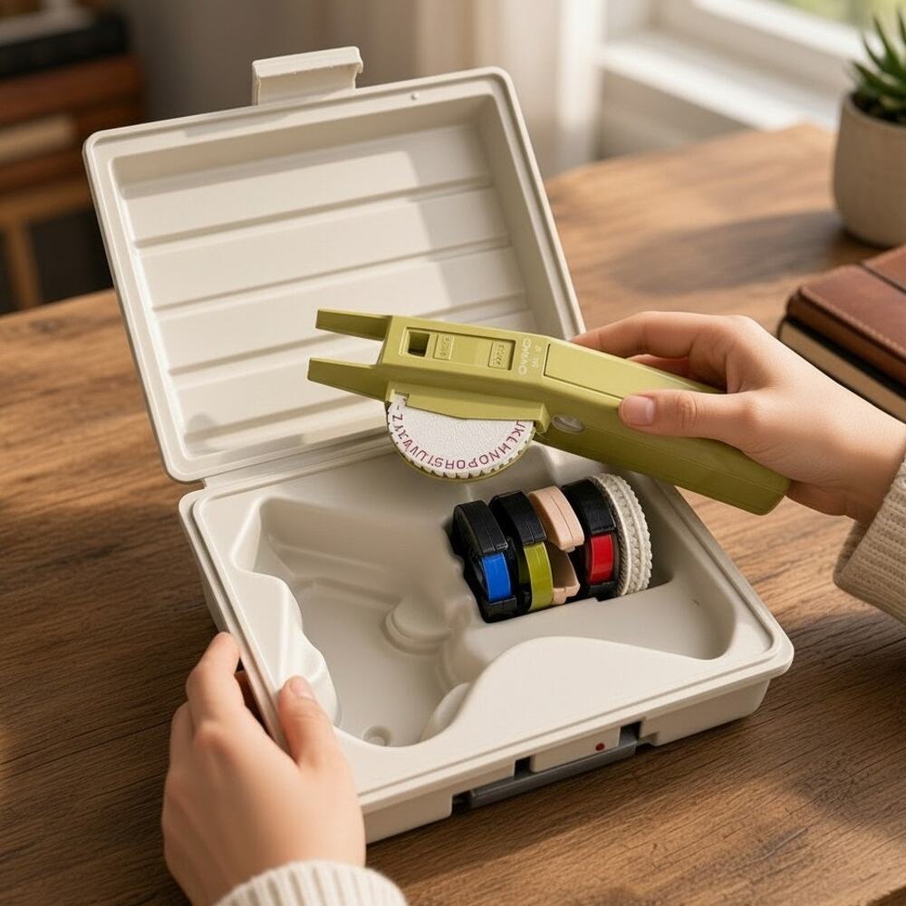 Vintage DYMO Mark VI M-6 Embossing Label Maker Green Case Tapes Wheels Retro